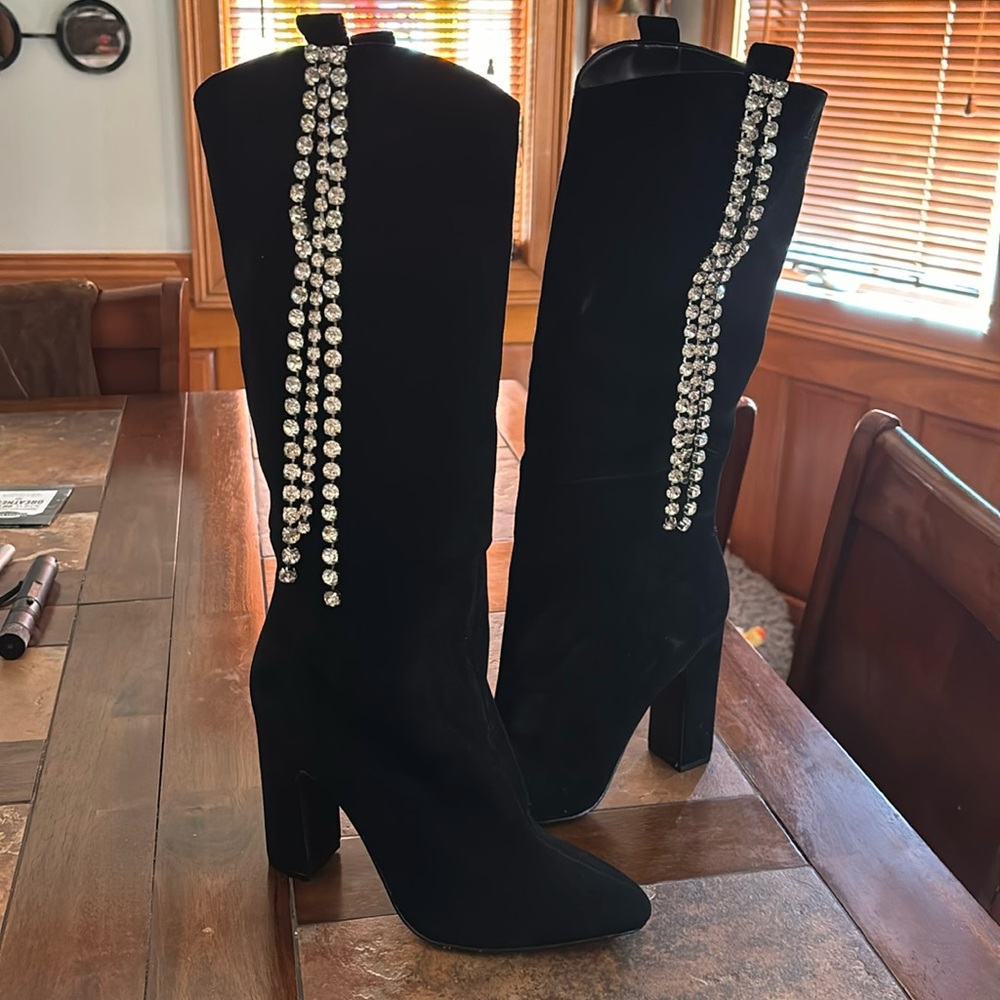 RAVE, High Heeled, Black Suede Boots with Rhinestones ! New, Never Worn!! ￼